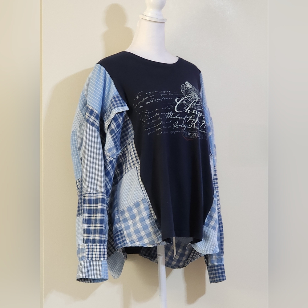 Custom Unique Boho Patchwork Denim & T-Shirt Long Sleeved Top